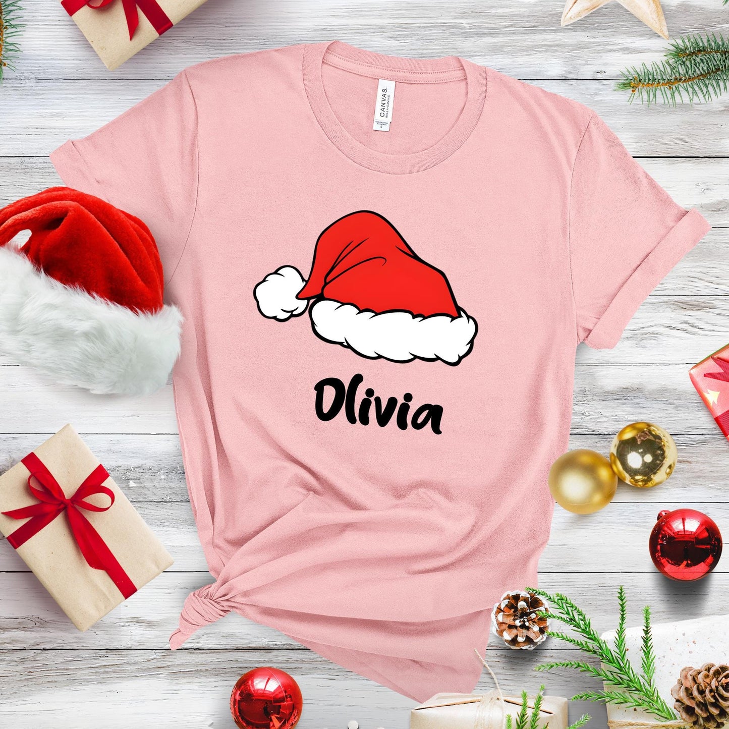 Custom Family Christmas Shirt: Santa Hat Name Matching Xmas Tee