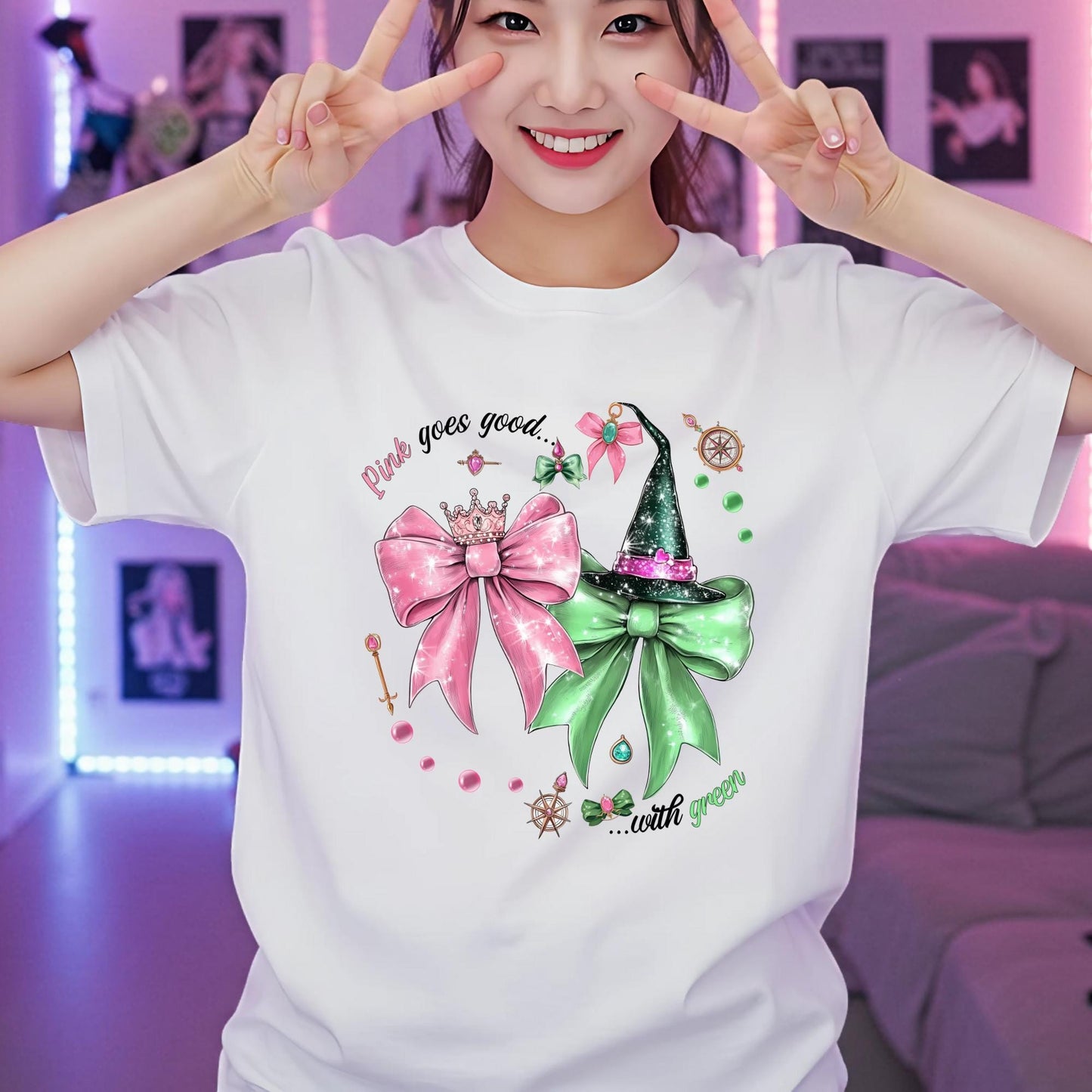 Coquette Bow Wicked Movie Inspired Shirt, Pink Goes Good With Green Tee