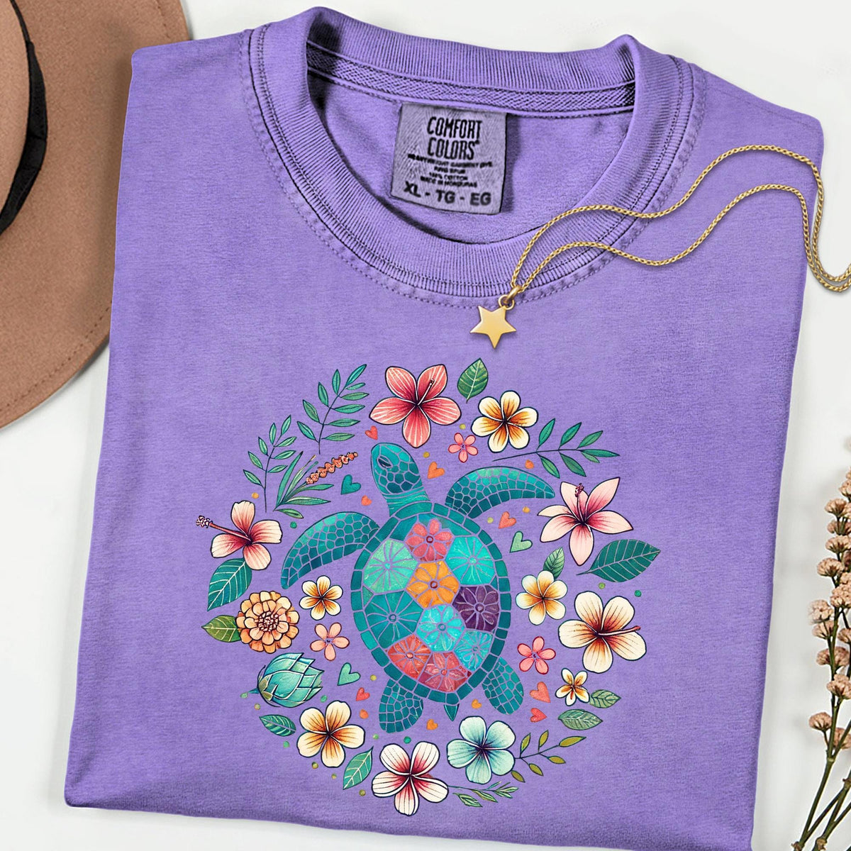 Comfort Colors® Turtle Shirt, Floral Sea Turtle Tee, Boho Nature T Shirt, Garment Dyed Tee, Ocean Lover Gift