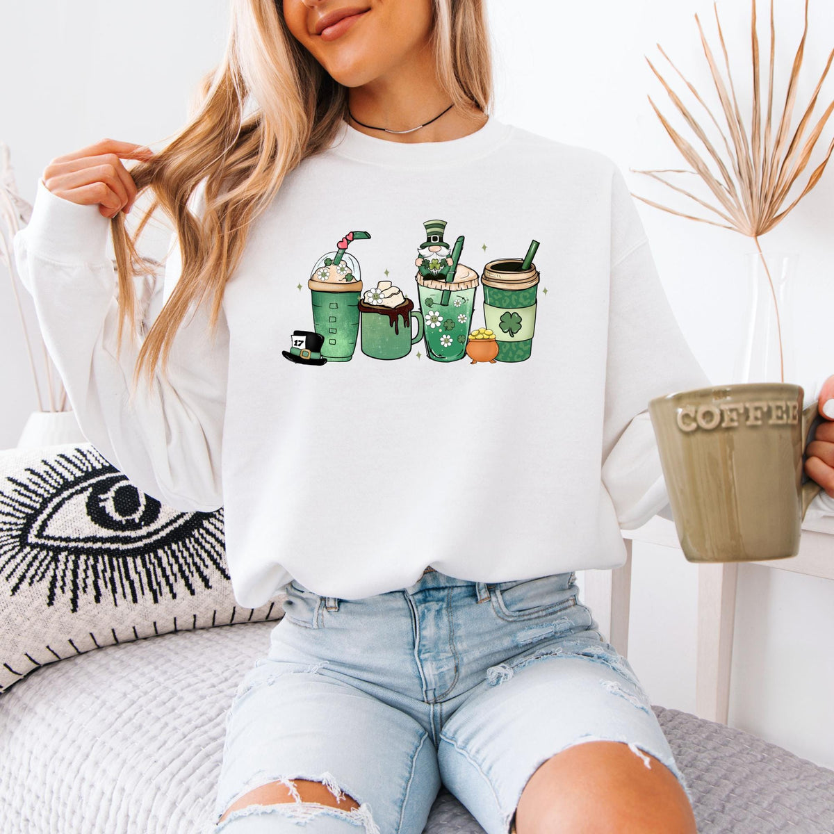 Lucky Coffee St. Patrick’s Day Sweatshirt, Retro Shamrock Coffee Lover Hoodie, Irish Lucky Clover Sweatshirt