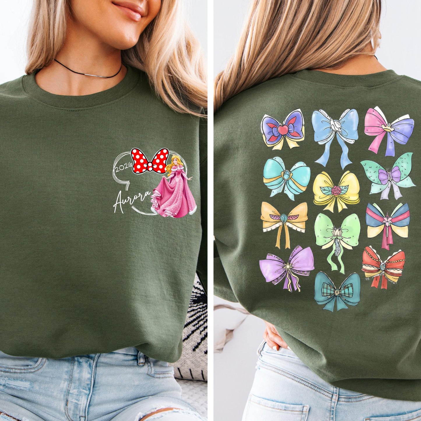 Personalized Retro Disney Princess Sweatshirt - Coquette Disney Princess Sweat, 2-Sided Disney Girl Bow Trip Hoodie