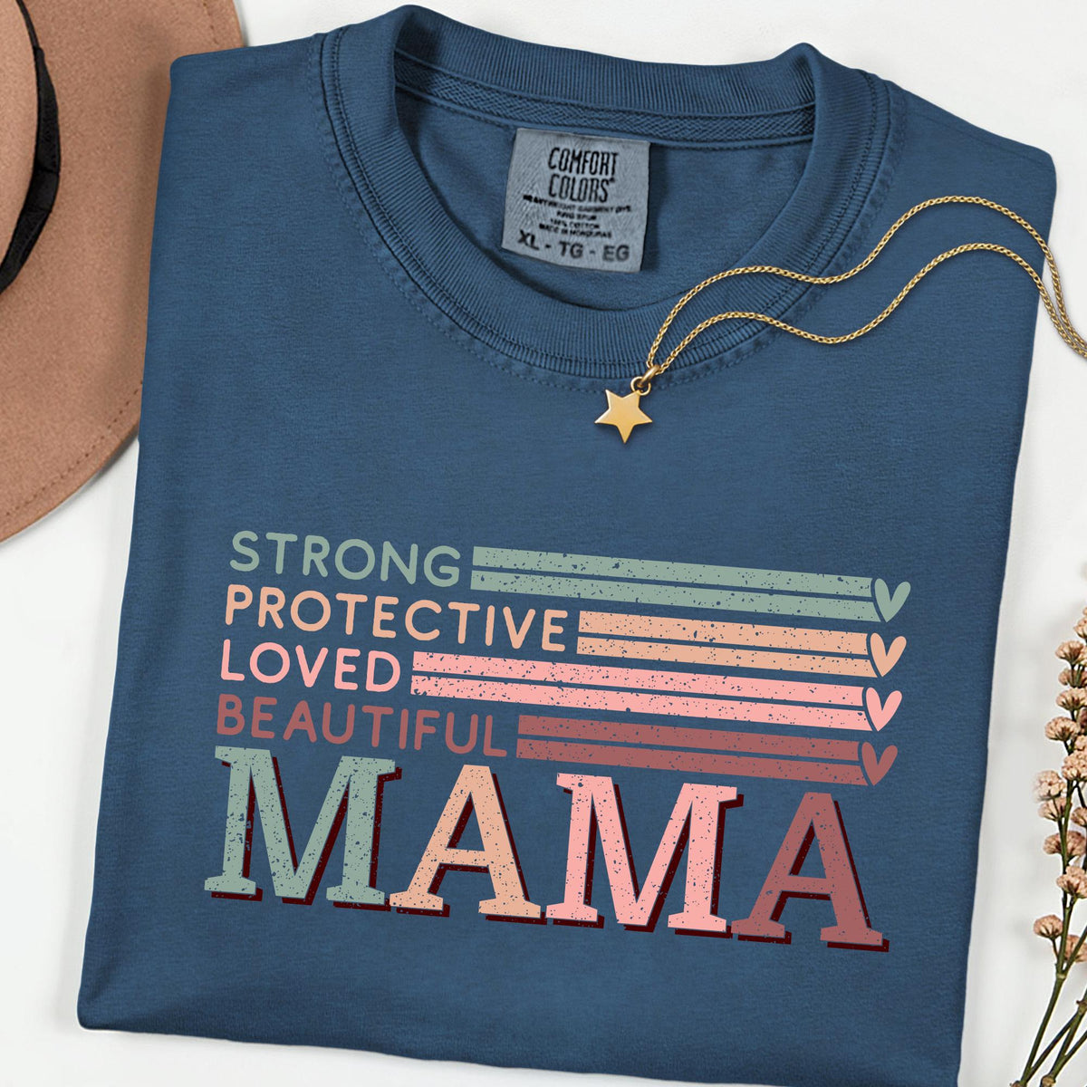 Comfort Colors® Strong Protective Loved Beautiful Mama Shirt, Vintage Retro Mom Graphic Tee, Trendy Mother’s Day Gift T-Shirt