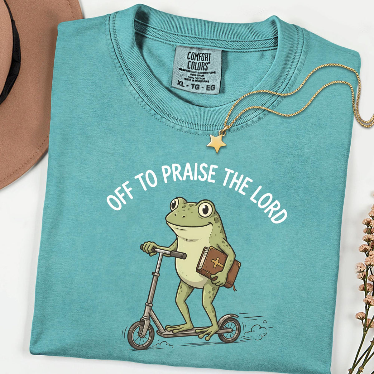 Praise The Lord Frog Comfort Colors® Tee, Funny Christian Church Shirt, Bible Scooter Graphic, Vintage Faith Top