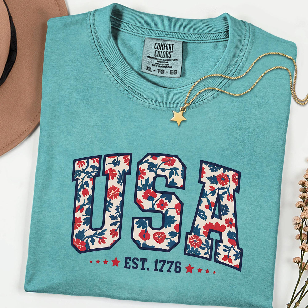 Comfort Colors® Floral USA 1776 Shirt, Patriotic Women’s Fourth of July Tee, Girly American Flag Independence Day Top