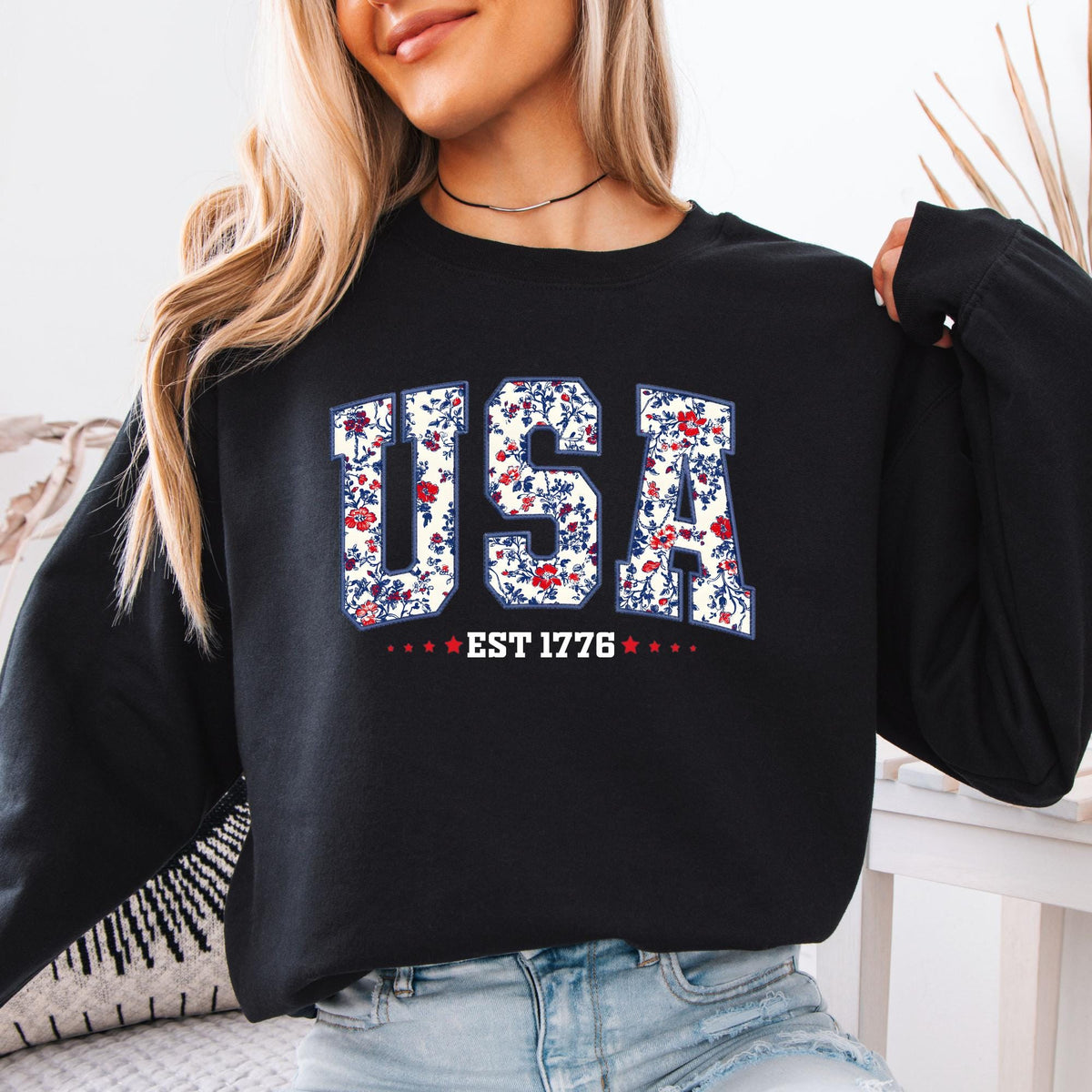 Floral USA Embroidery Look 1776 Crewneck Sweatshirt