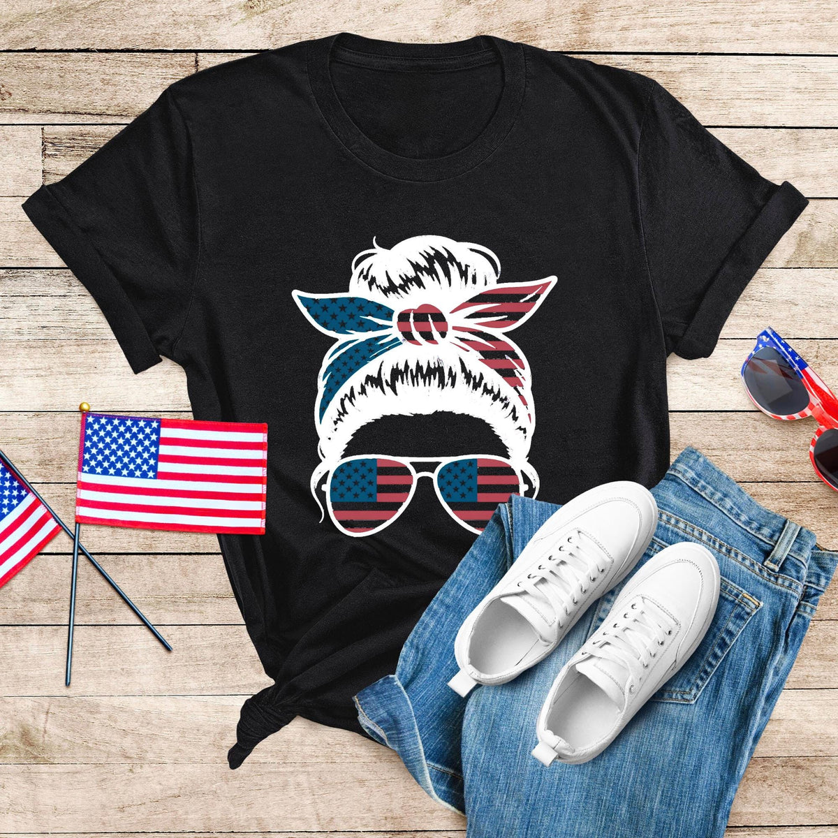 American Mama USA Messy Bun 4th of July T-Shirt