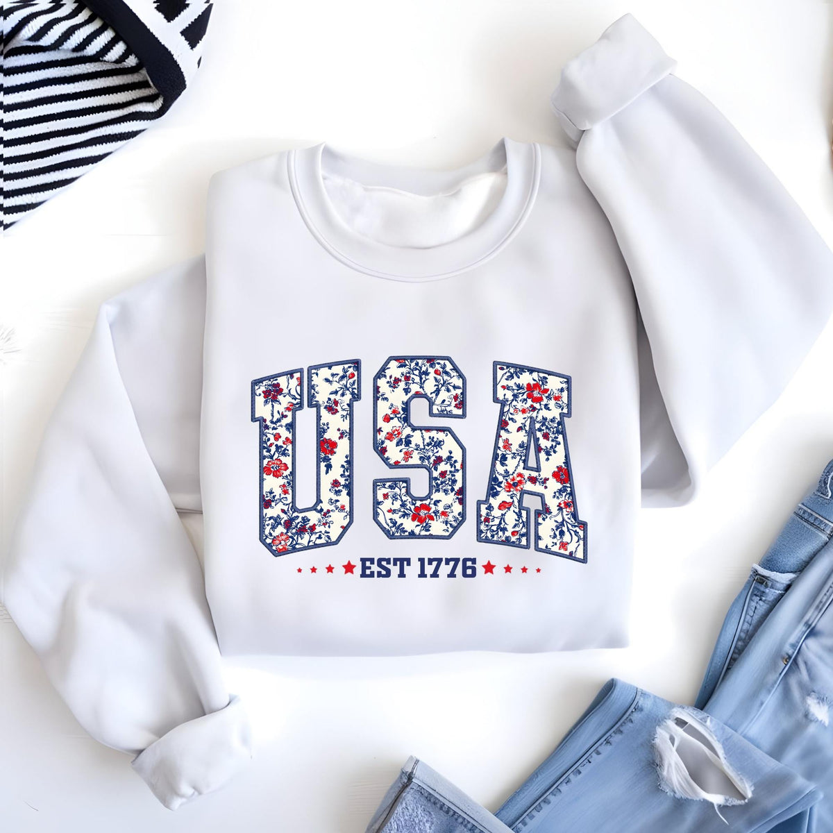 Floral USA Embroidery Look 1776 Crewneck Sweatshirt