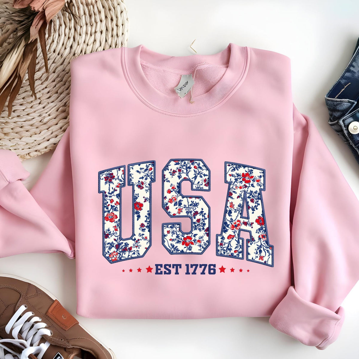 Floral USA Embroidery Look 1776 Crewneck Sweatshirt