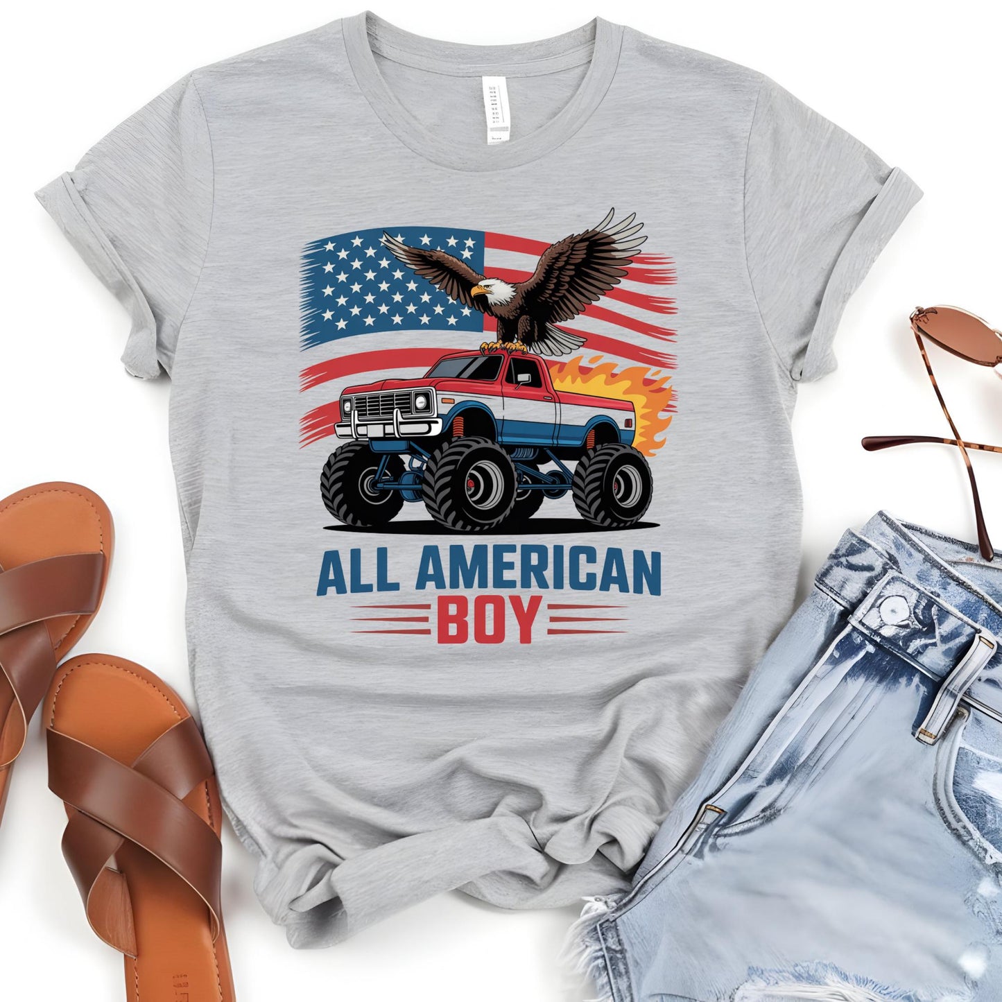 All American Boy Patriotic Truck Shirt, American Flag Shirt, 4th July Shirt, Truck Flag Shirt, 4th of July Shirt