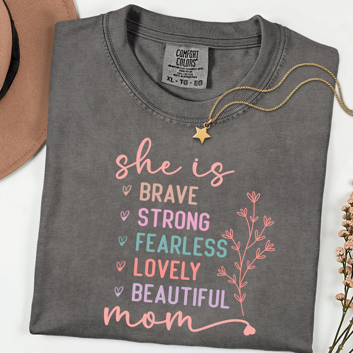 Comfort Colors® She Is Strong Brave Fearless Mom Shirt, Sunflower Women's Graphic Tee, Lovely Inspirational Mama, Perfect Mothers Day Gift