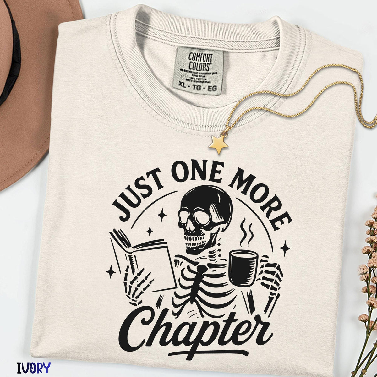 Book Lover Shirt, Comfort Colors® Just One More Chapter Tee, Funny Skeleton Reading T-shirt, Bookworm Gift, Bibliophile Reader Shirt