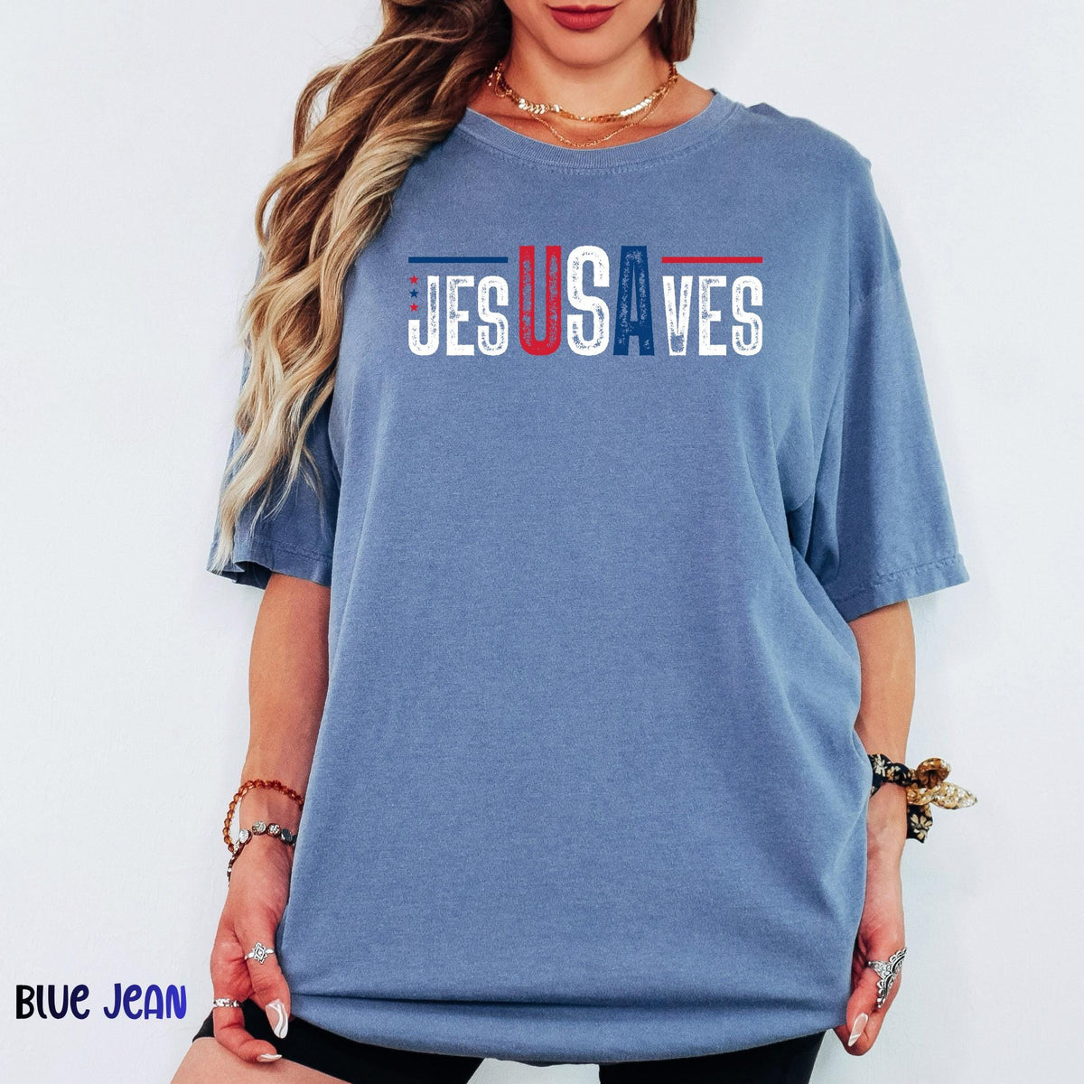 Jesus Saves USA Shirt, JesUSAves Christian Patriotic Tee, Comfort Colors® American Flag Cross T-shirt, 4th of July Religious Gift Tee