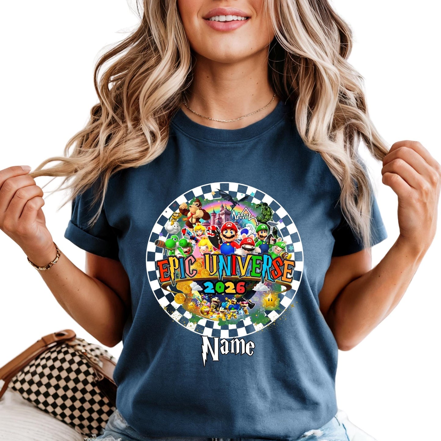 Personalized Epic Universe 2026 Family Trip Shirt Checkered Mario Tee