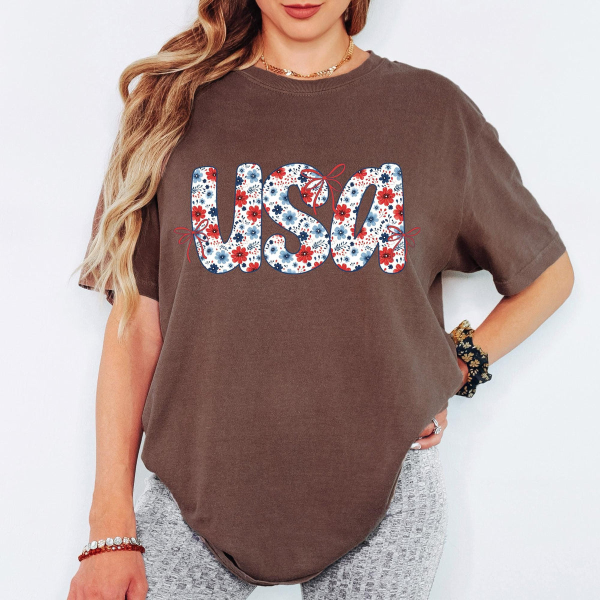 Floral USA Coquette T-Shirt, Bow Patriotic Americana Fourth of July Tee, Trendy 4th of July Shirt, Preppy Women's USA Tee