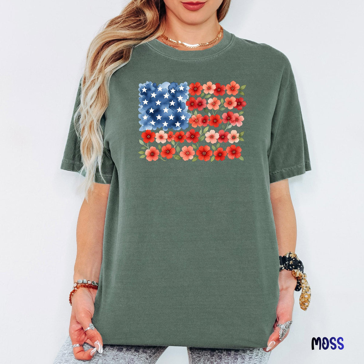 Floral USA Flag Comfort Colors® Shirt, Patriotic Wildflower Tee, Watercolor American Flower Shirt, July 4th Graphic Tee, Red Poppy Flag Top