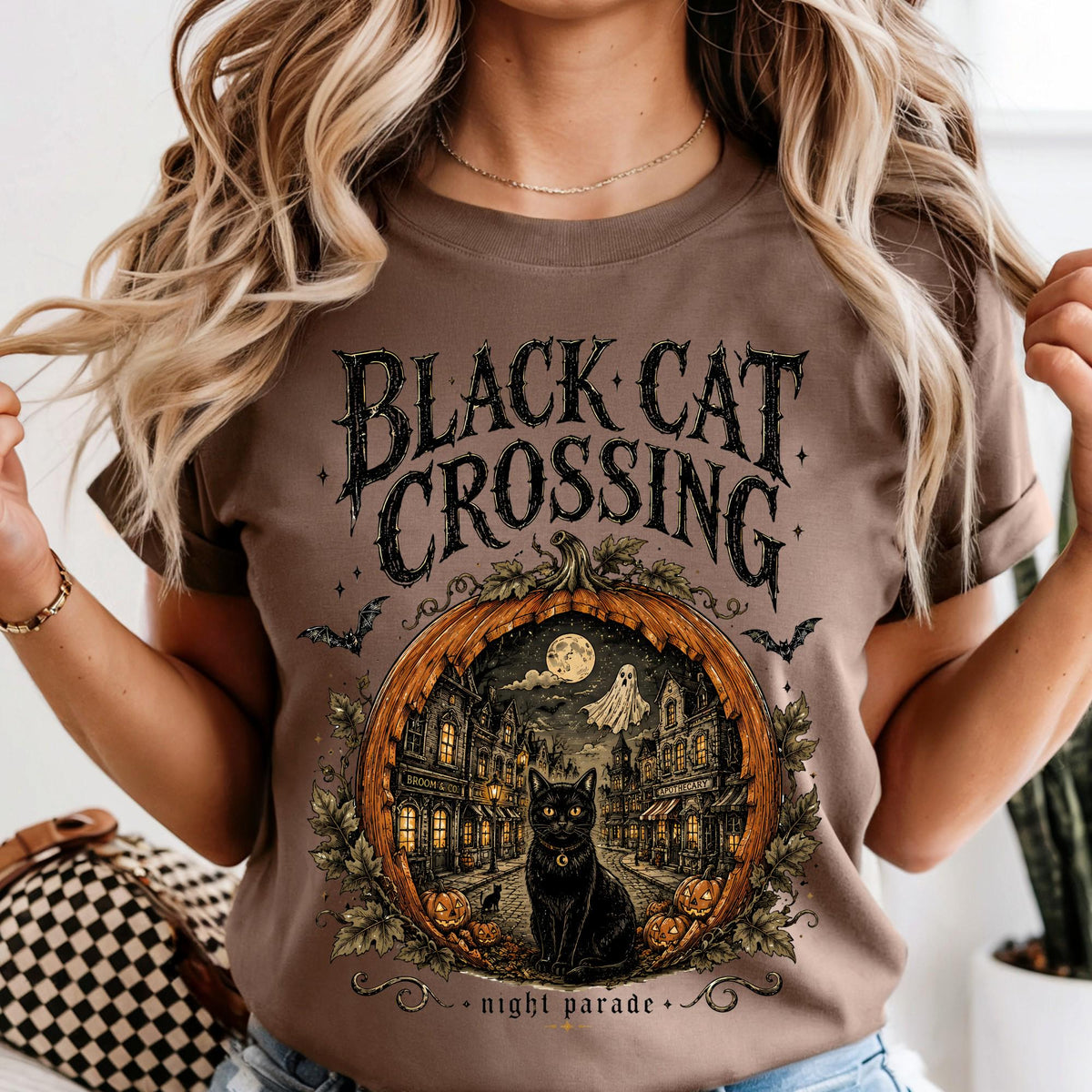 Halloween Black Cat Crossing Shirt, Comfort Colors Shirts For Women | Men Halloween Gift