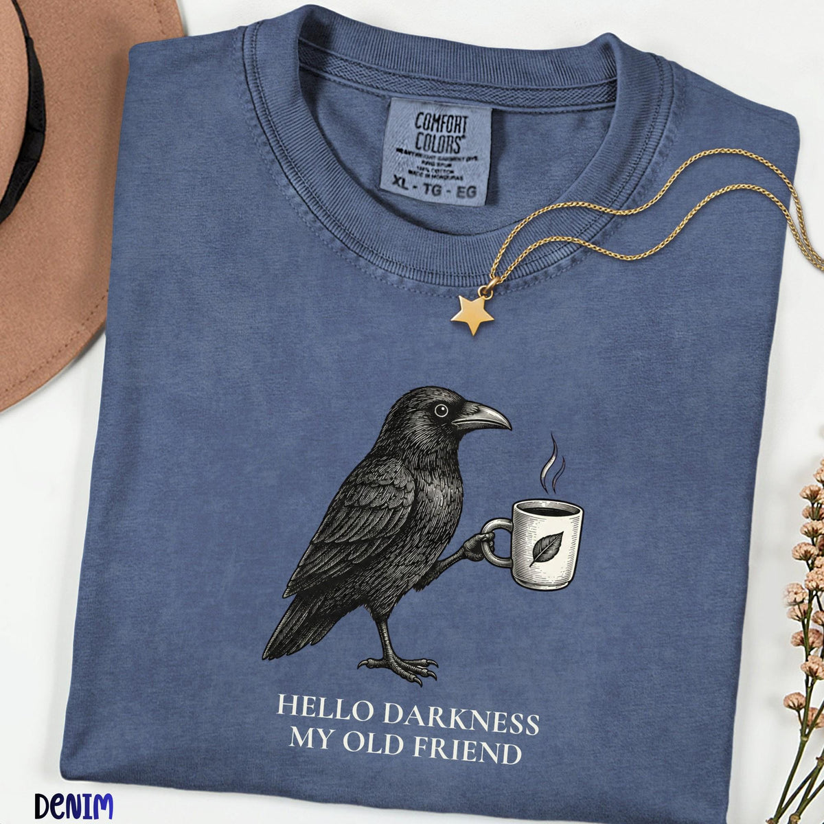 Hello Darkness Raven Coffee Shirt, Comfort Colors® Gothic Crow Graphic Tee, Vintage Bird T-Shirt, Spooky Coffee Lover Halloween Gift