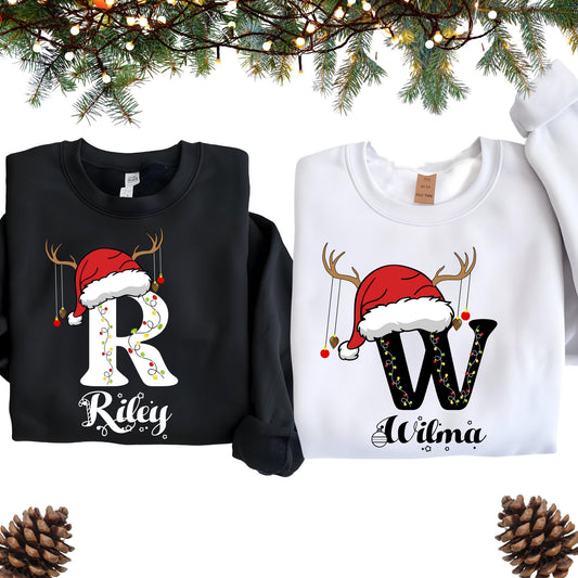 Personalized Family Christmas Sweatshirt: Custom Name Monogram with Santa Hat Christmas Gift