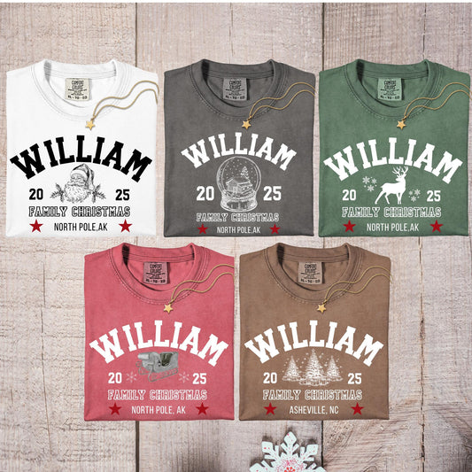 Personalized Family Christmas Shirt Comfort Colors Matching Family Christmas Shirt Custom Name Christmas Shirt Vintage Santa Varsity Shirt