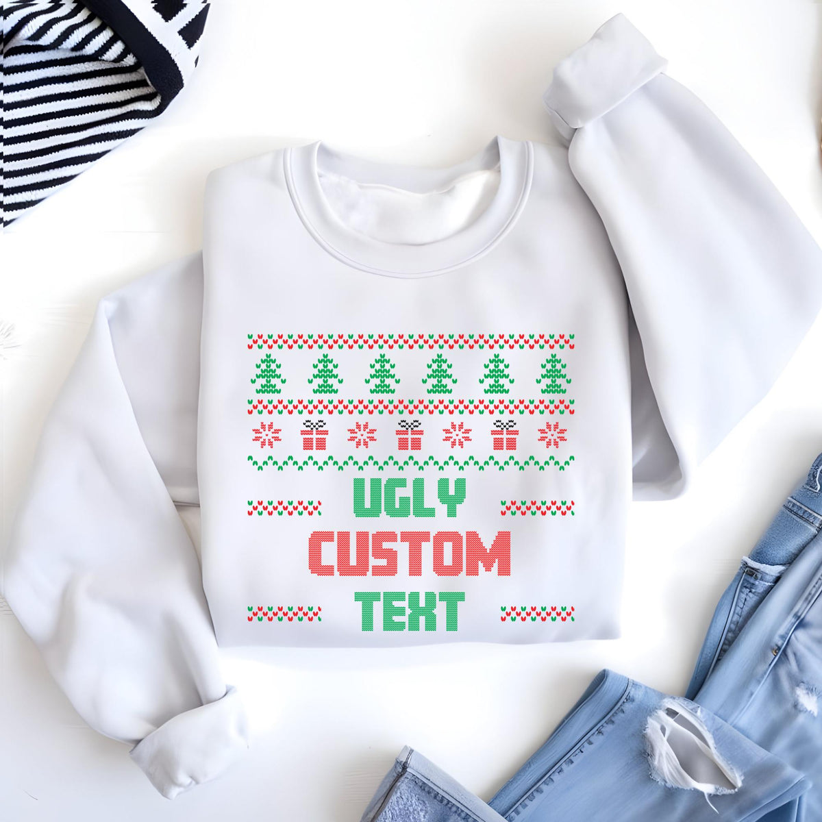 Personalized Ugly Christmas Sweater Sweatshirt, Custom Text Xmas Hoodie