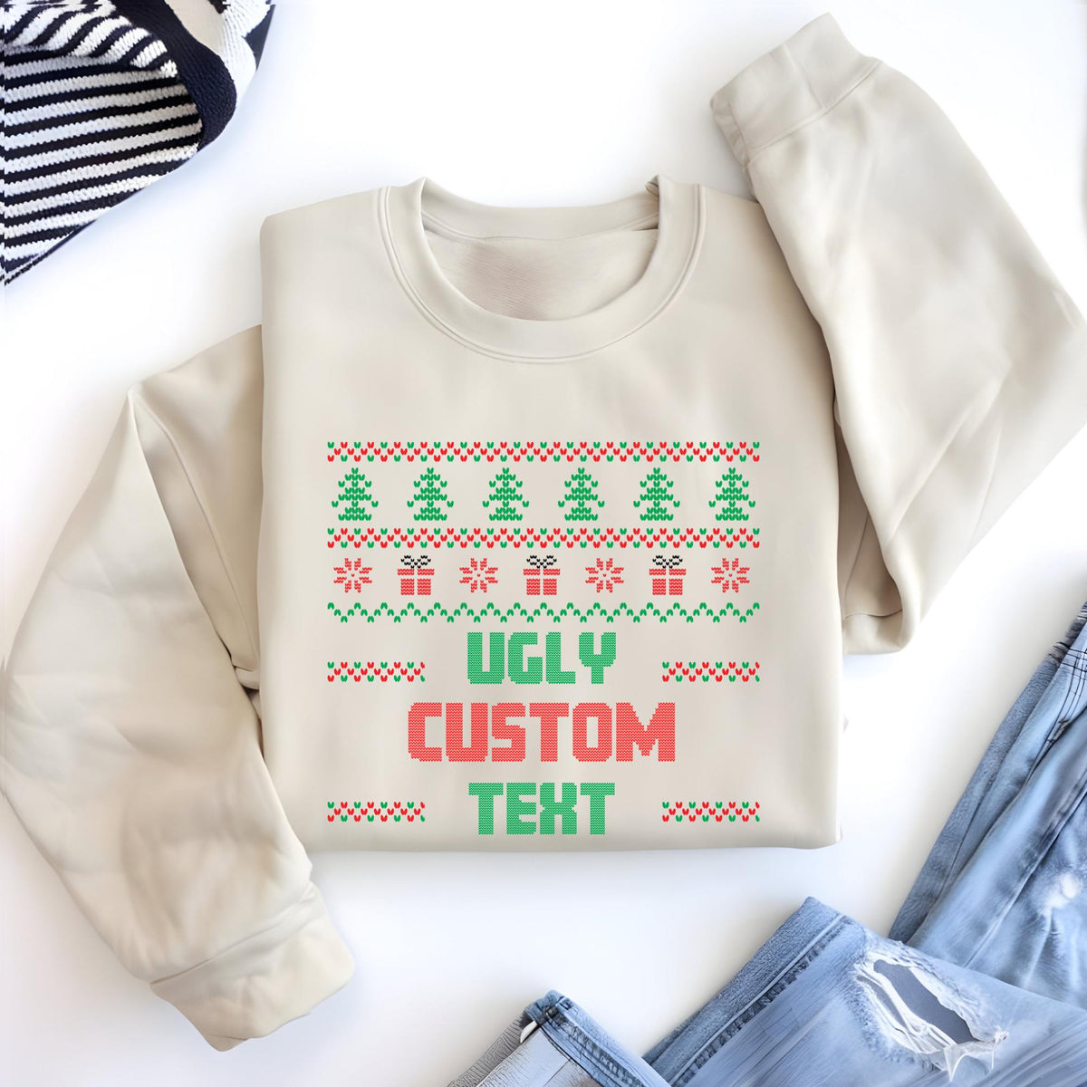 Personalized Ugly Christmas Sweater Sweatshirt, Custom Text Xmas Hoodie