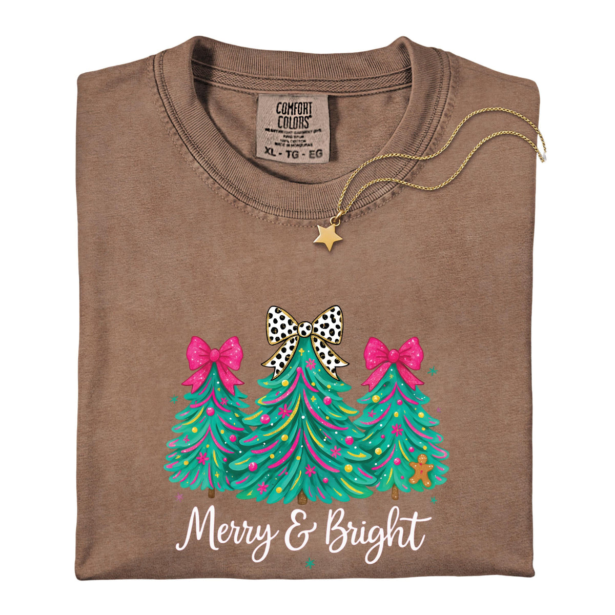 Comfort Colors® Merry & Bright Christmas Tree Shirt Pink Holiday Festive Bow Lights Tshirt Jolly Tee