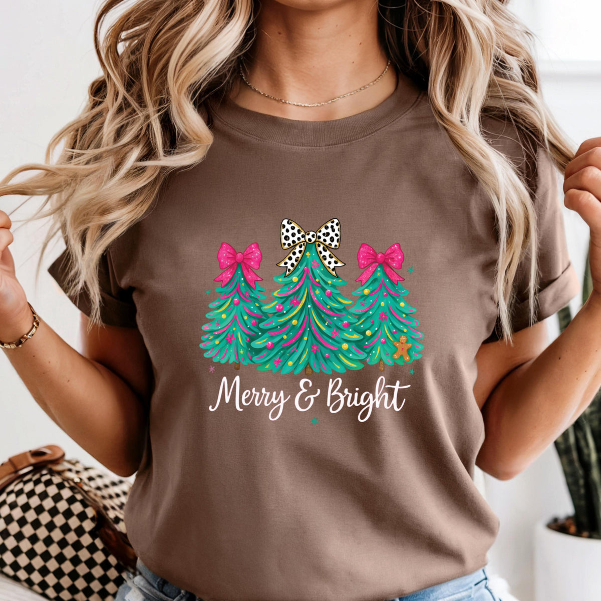 Comfort Colors® Merry & Bright Christmas Tree Shirt Pink Holiday Festive Bow Lights Tshirt Jolly Tee