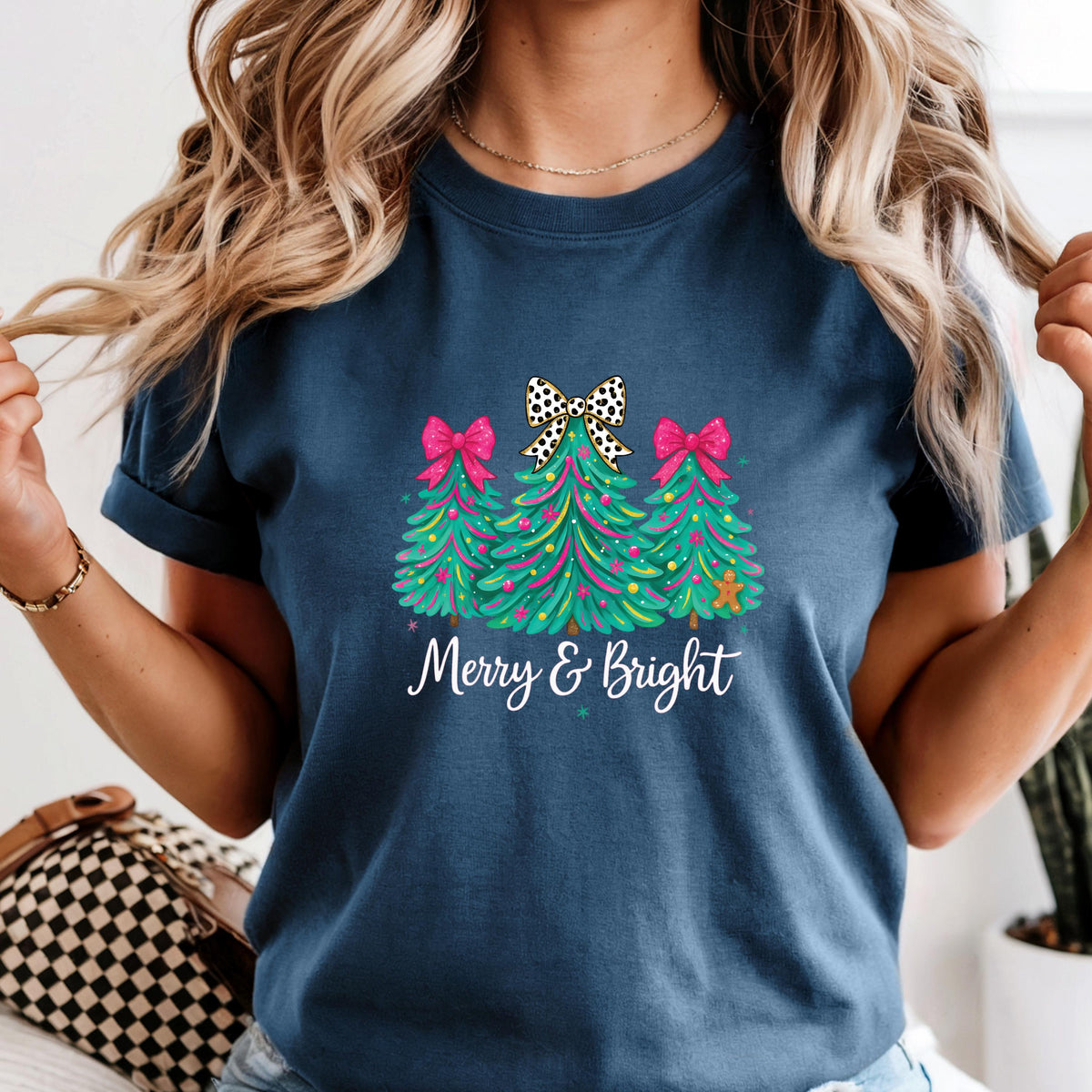 Comfort Colors® Merry & Bright Christmas Tree Shirt Pink Holiday Festive Bow Lights Tshirt Jolly Tee