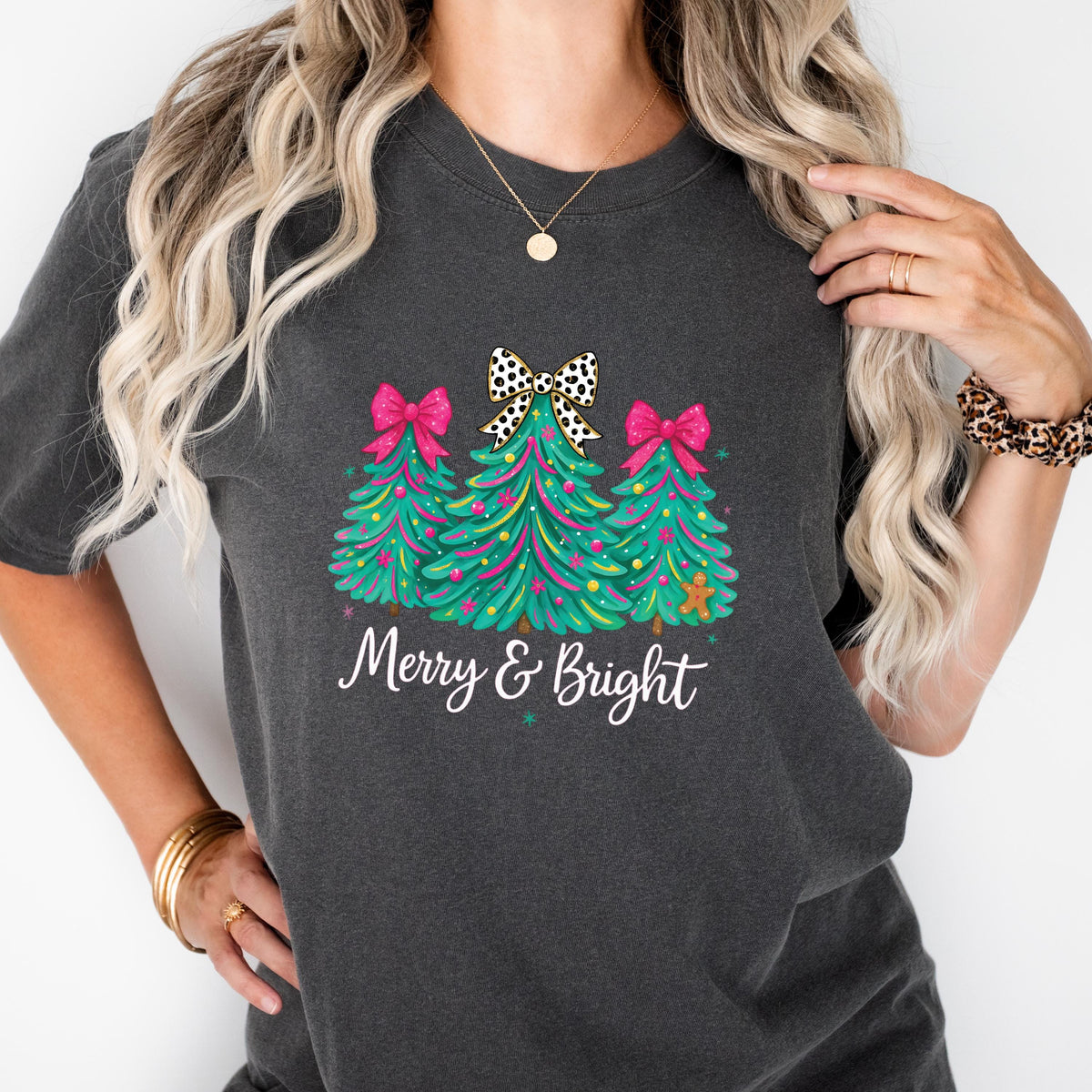 Comfort Colors® Merry & Bright Christmas Tree Shirt Pink Holiday Festive Bow Lights Tshirt Jolly Tee