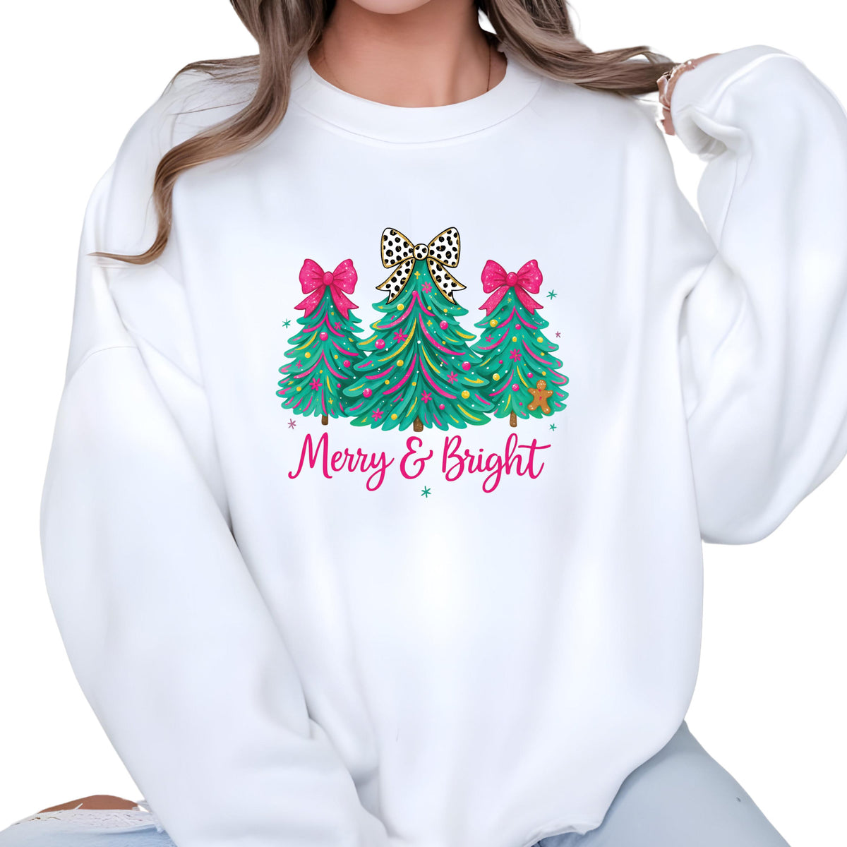 Christmas Sweatshirt Merry & Bright Tree Sweater Pink Holiday Festive Bow Lights Hoodie Jolly Tee
