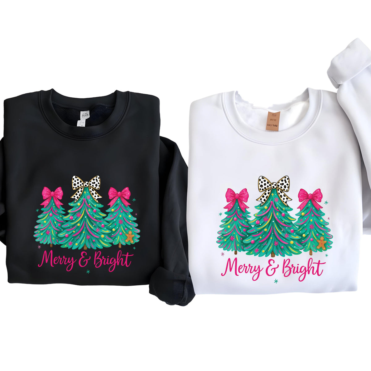 Christmas Sweatshirt Merry & Bright Tree Sweater Pink Holiday Festive Bow Lights Hoodie Jolly Tee