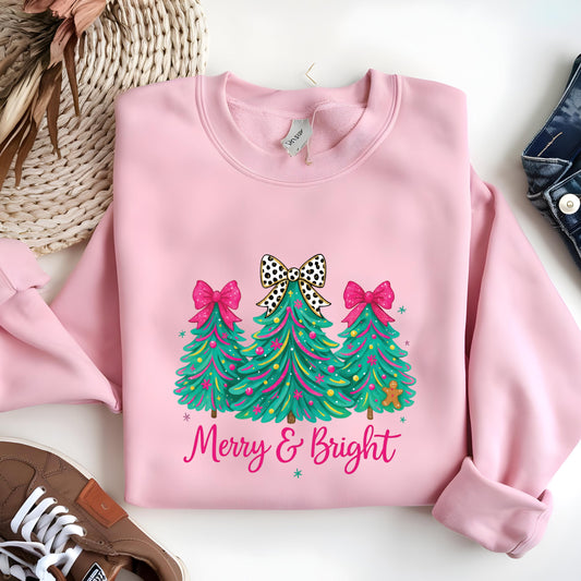 Christmas Sweatshirt Merry & Bright Tree Sweater Pink Holiday Festive Bow Lights Hoodie Jolly Tee