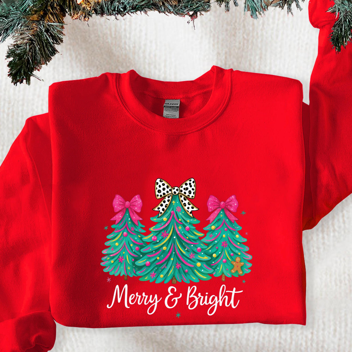 Christmas Sweatshirt Merry & Bright Tree Sweater Pink Holiday Festive Bow Lights Hoodie Jolly Tee