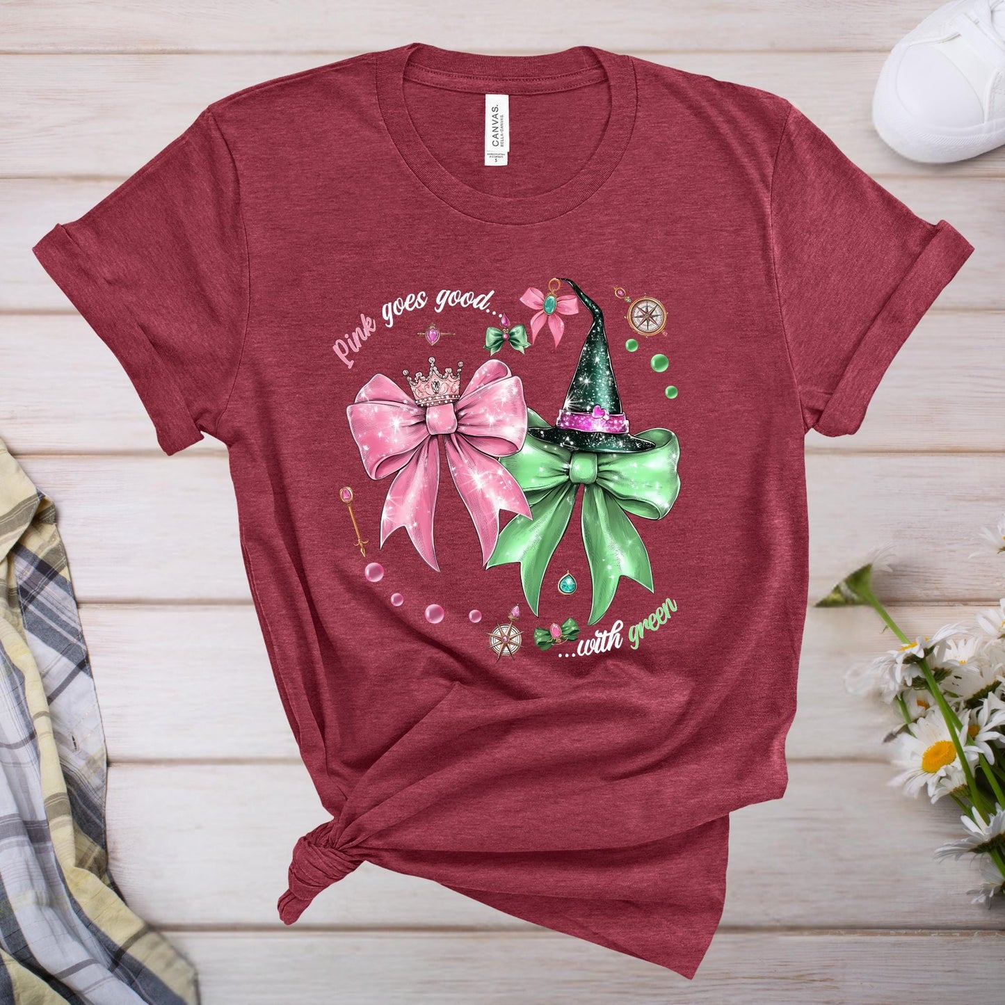Coquette Bow Wicked Movie Inspired Shirt, Pink Goes Good With Green Tee