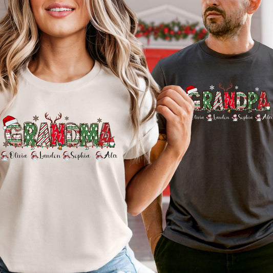 Personalized Christmas Shirt for Grandma & Grandpa with Grandkids Names, Custom Holiday Family Tee, Xmas Gift Shirt