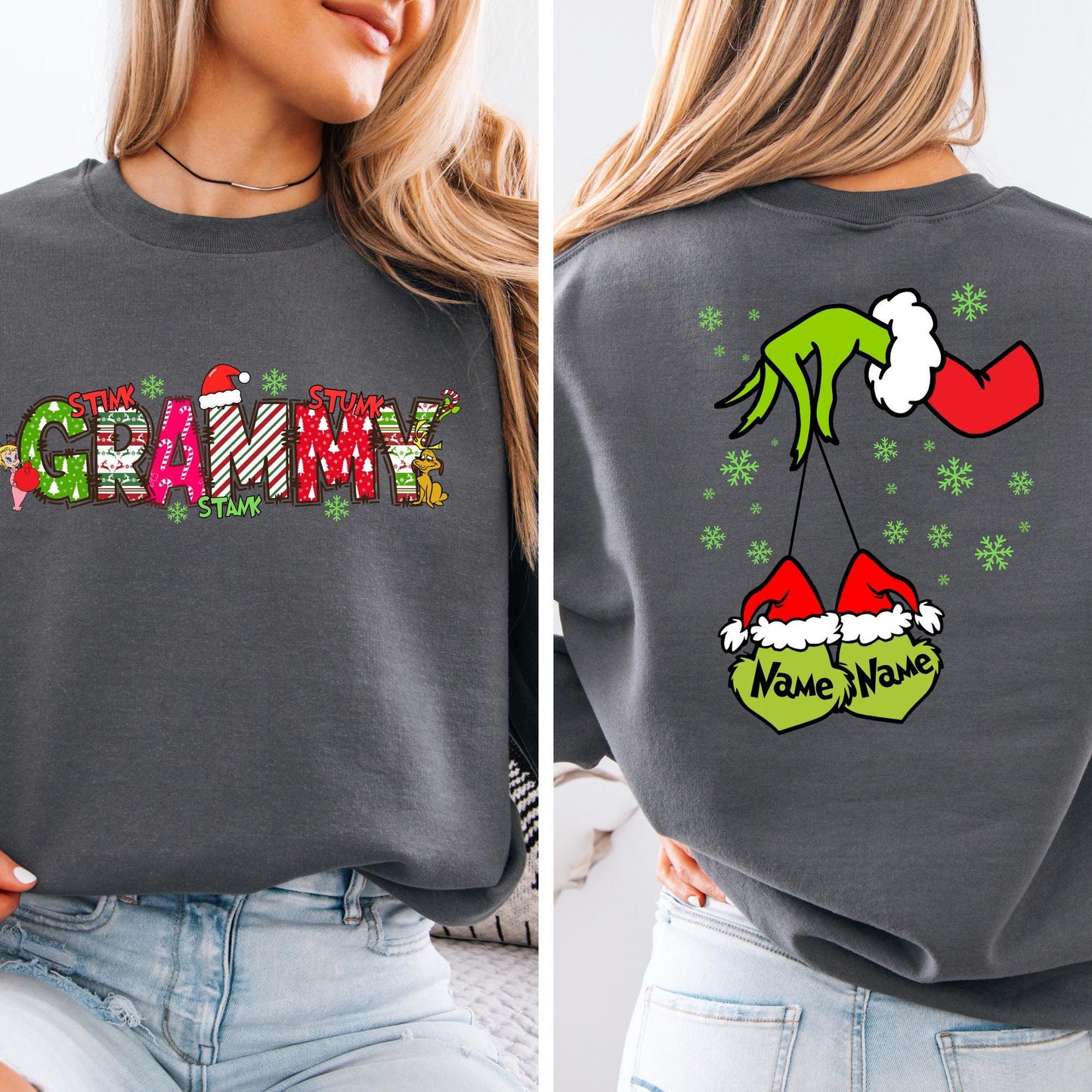 Personalized Sweatshirt Christmas Gift For Grandma, Xmas 2 Sides Hoodie with Grandkids Names