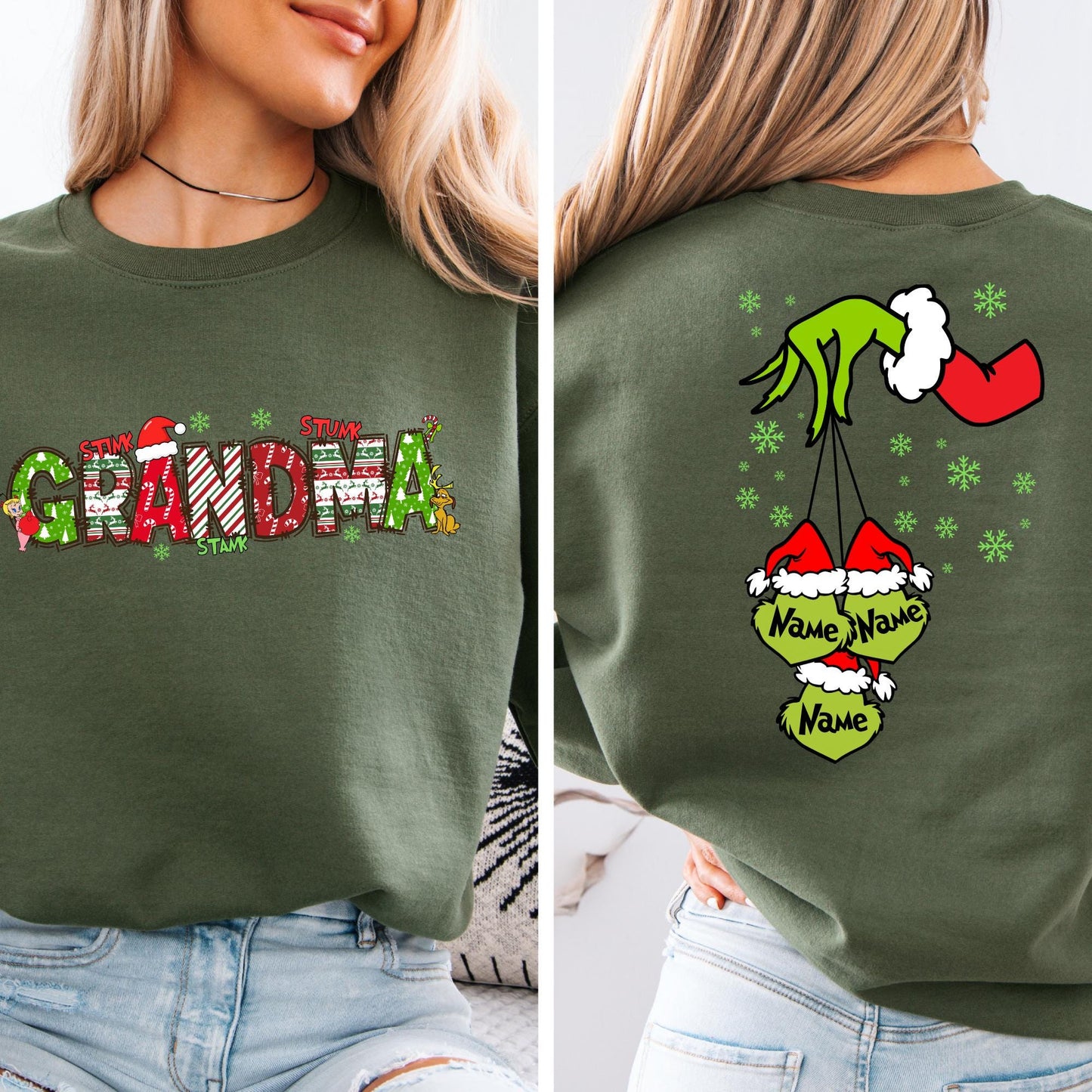 Personalized Sweatshirt Christmas Gift For Grandma, Xmas 2 Sides Hoodie with Grandkids Names