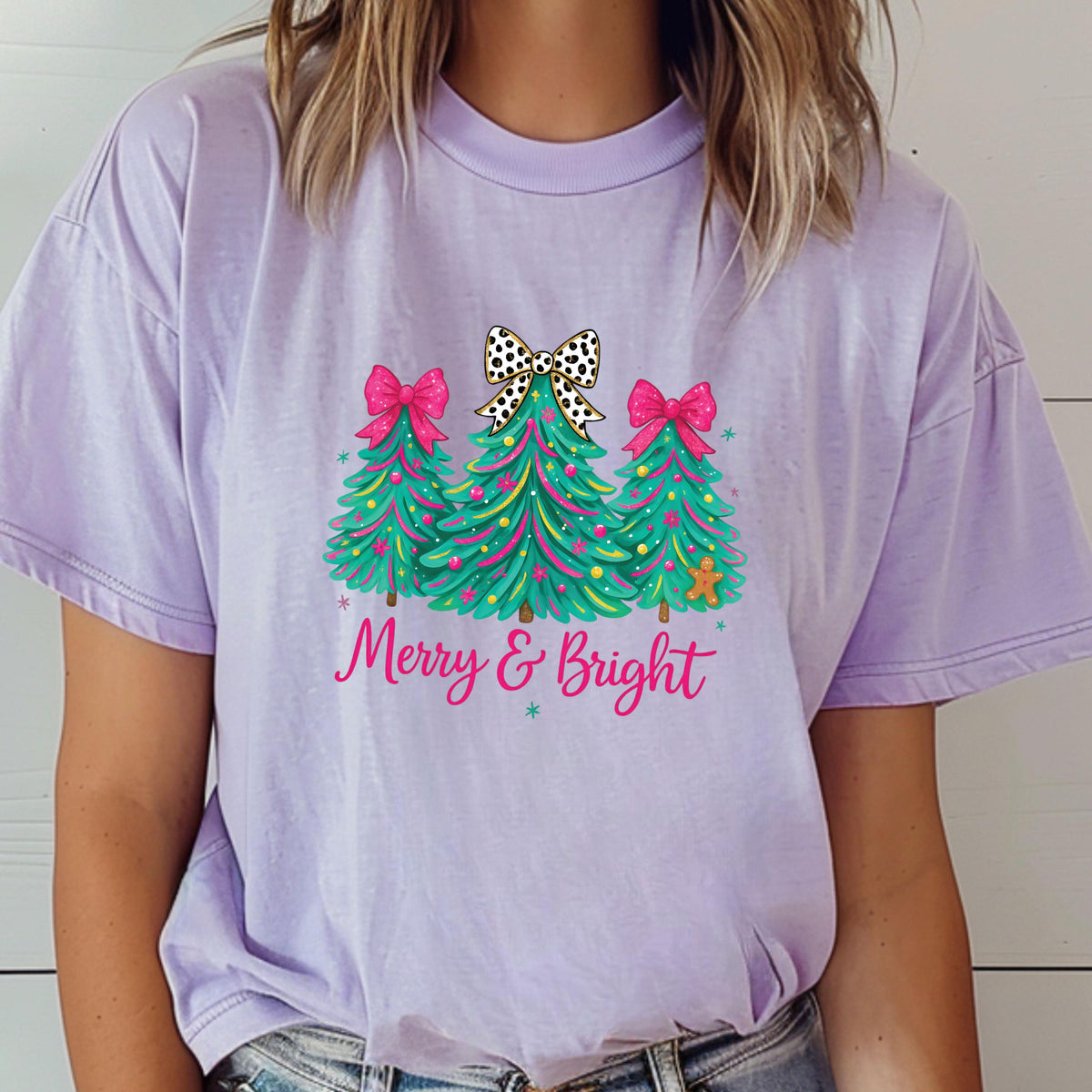 Comfort Colors® Merry & Bright Christmas Tree Shirt Pink Holiday Festive Bow Lights Tshirt Jolly Tee