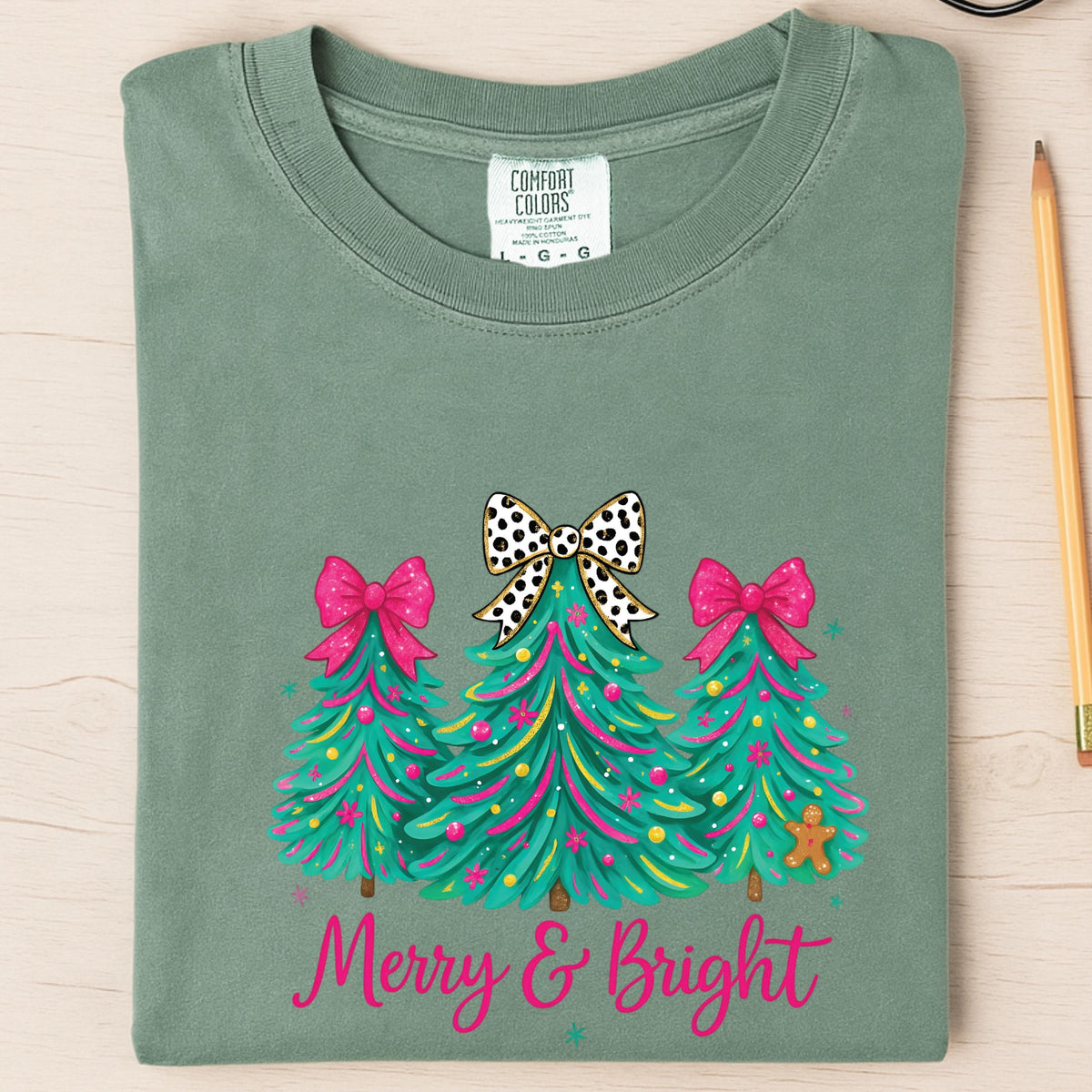 Comfort Colors® Merry & Bright Christmas Tree Shirt Pink Holiday Festive Bow Lights Tshirt Jolly Tee