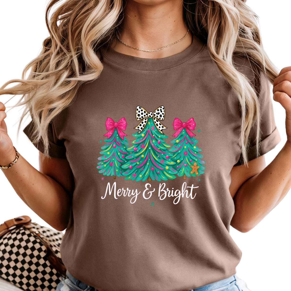 Comfort Colors® Merry & Bright Christmas Tree Shirt Pink Holiday Festive Bow Lights Tshirt Jolly Tee
