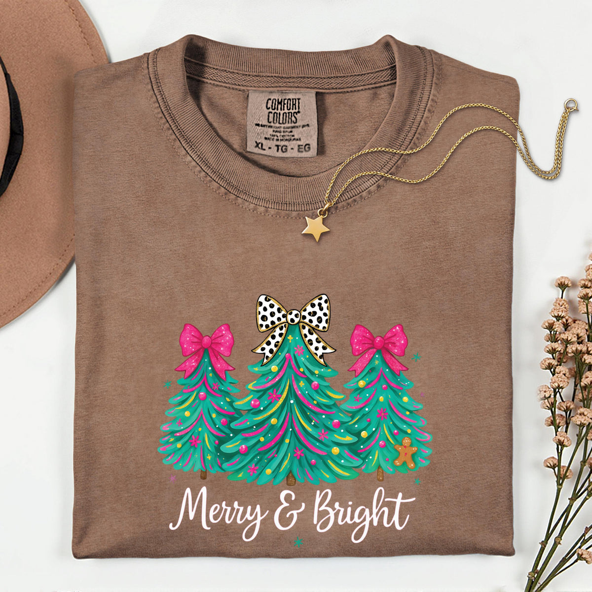 Comfort Colors® Merry & Bright Christmas Tree Shirt Pink Holiday Festive Bow Lights Tshirt Jolly Tee