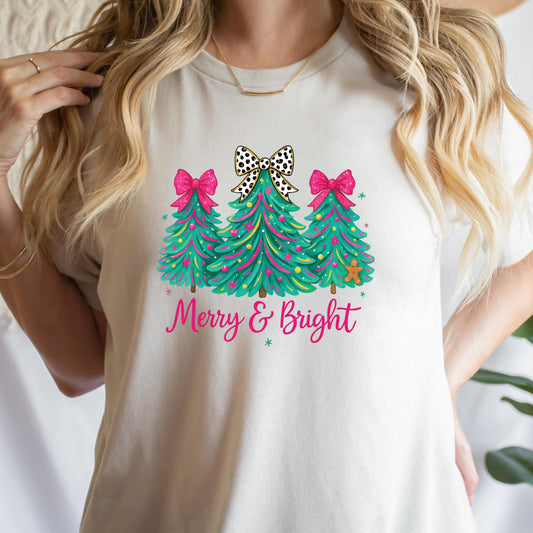 Comfort Colors® Merry & Bright Christmas Tree Shirt Pink Holiday Festive Bow Lights Tshirt Jolly Tee