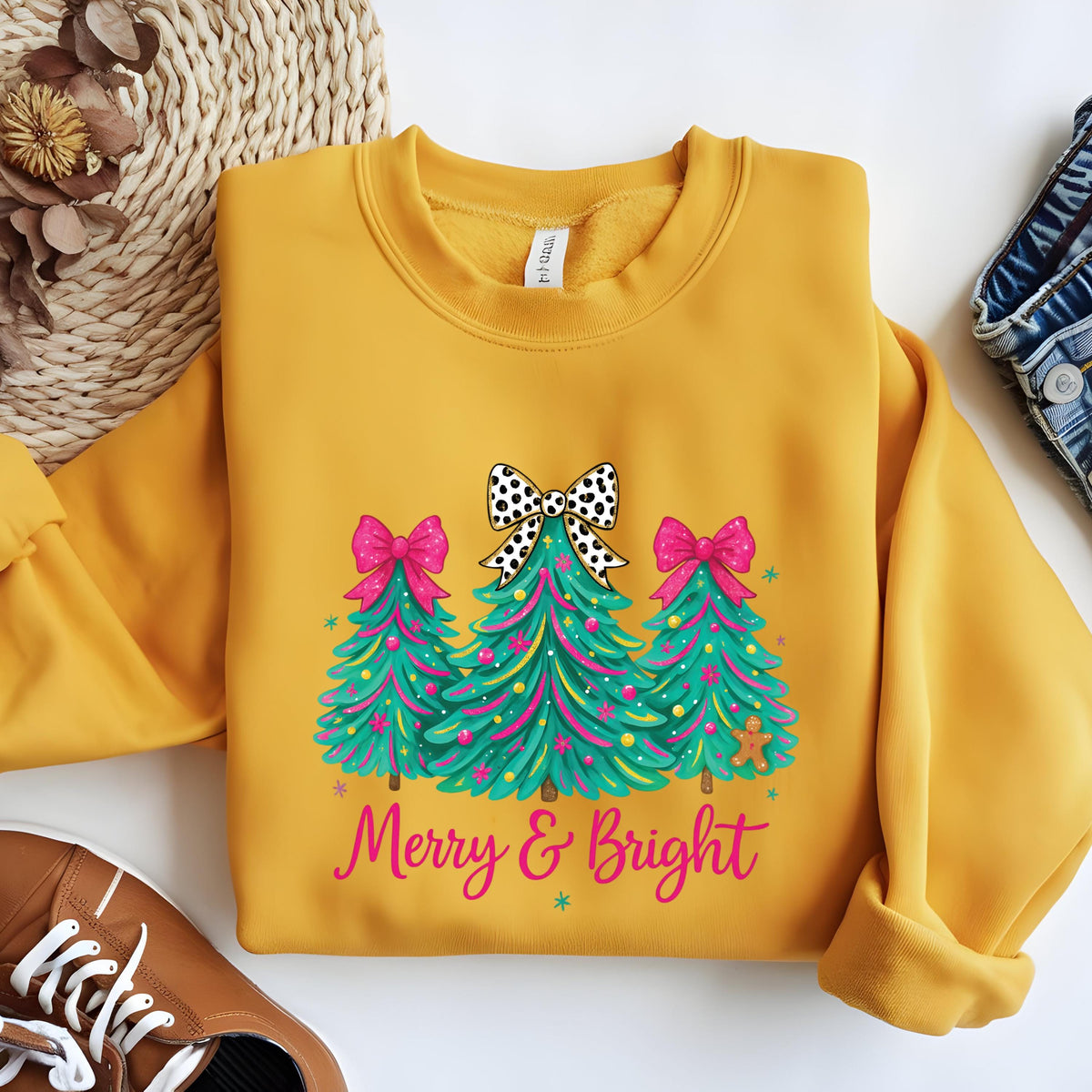 Christmas Sweatshirt Merry & Bright Tree Sweater Pink Holiday Festive Bow Lights Hoodie Jolly Tee