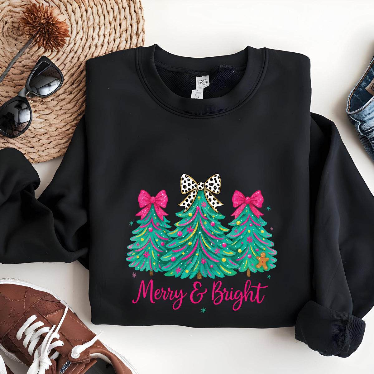 Christmas Sweatshirt Merry & Bright Tree Sweater Pink Holiday Festive Bow Lights Hoodie Jolly Tee