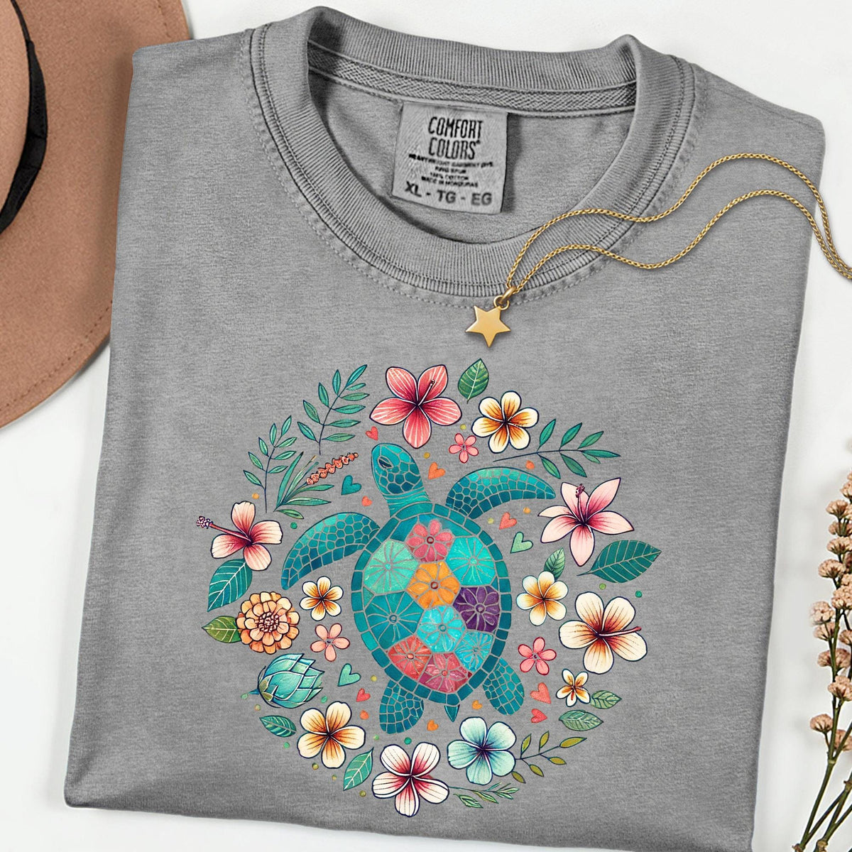 Comfort Colors® Turtle Shirt, Floral Sea Turtle Tee, Boho Nature T Shirt, Garment Dyed Tee, Ocean Lover Gift