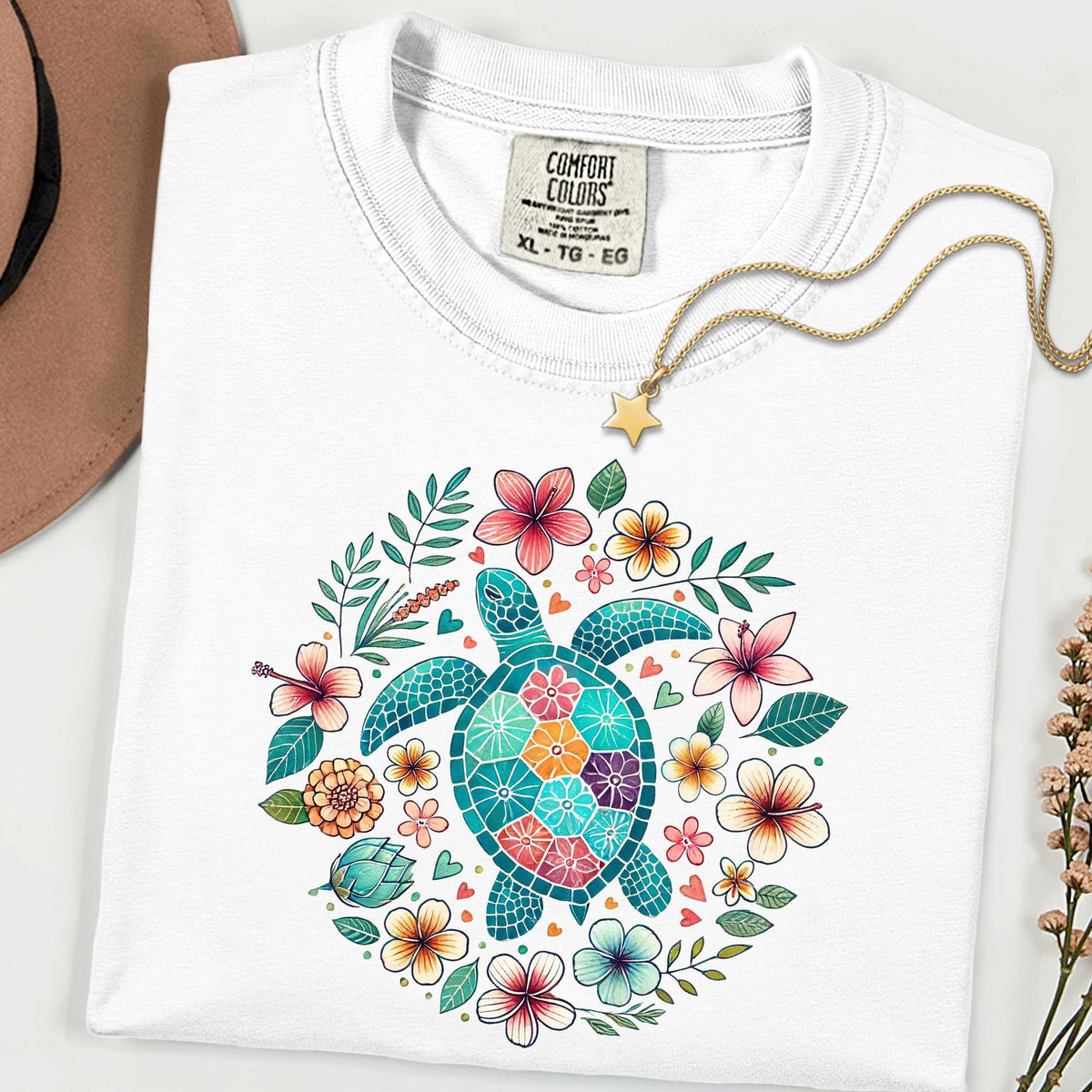 Comfort Colors® Turtle Shirt, Floral Sea Turtle Tee, Boho Nature T Shirt, Garment Dyed Tee, Ocean Lover Gift