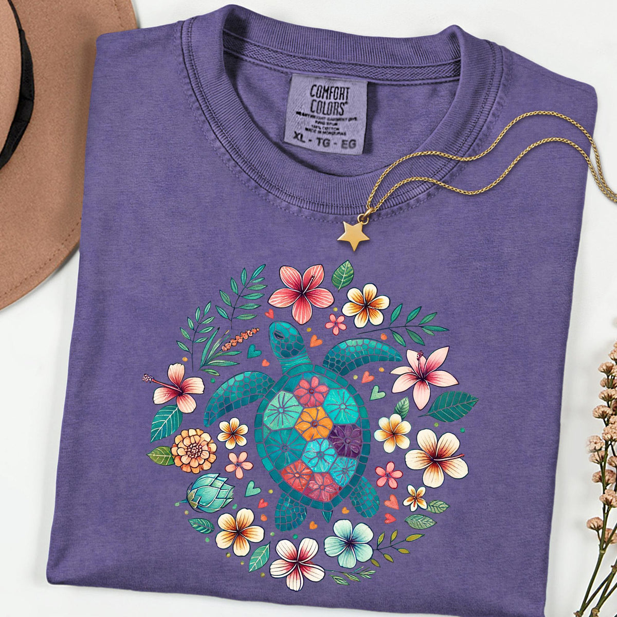Comfort Colors® Turtle Shirt, Floral Sea Turtle Tee, Boho Nature T Shirt, Garment Dyed Tee, Ocean Lover Gift