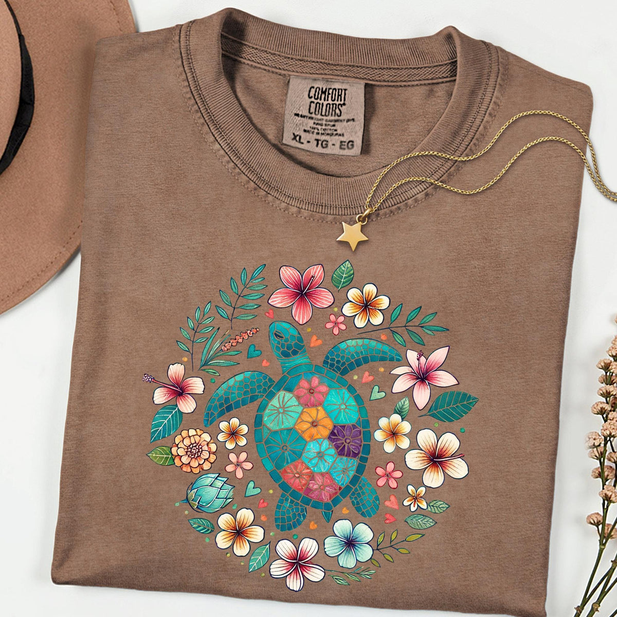 Comfort Colors® Turtle Shirt, Floral Sea Turtle Tee, Boho Nature T Shirt, Garment Dyed Tee, Ocean Lover Gift