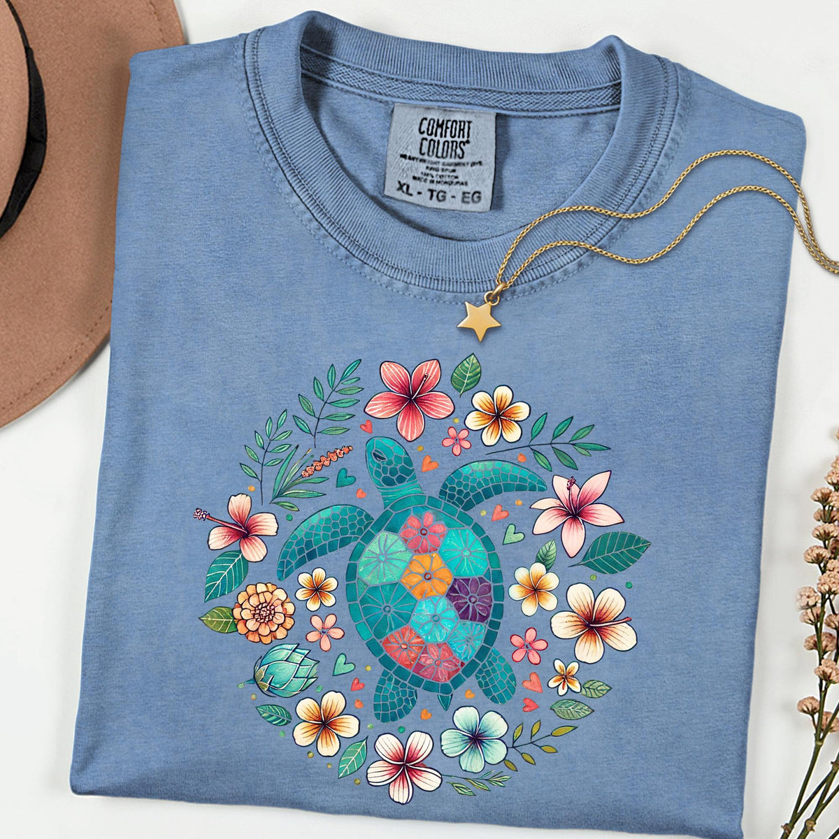 Comfort Colors® Turtle Shirt, Floral Sea Turtle Tee, Boho Nature T Shirt, Garment Dyed Tee, Ocean Lover Gift