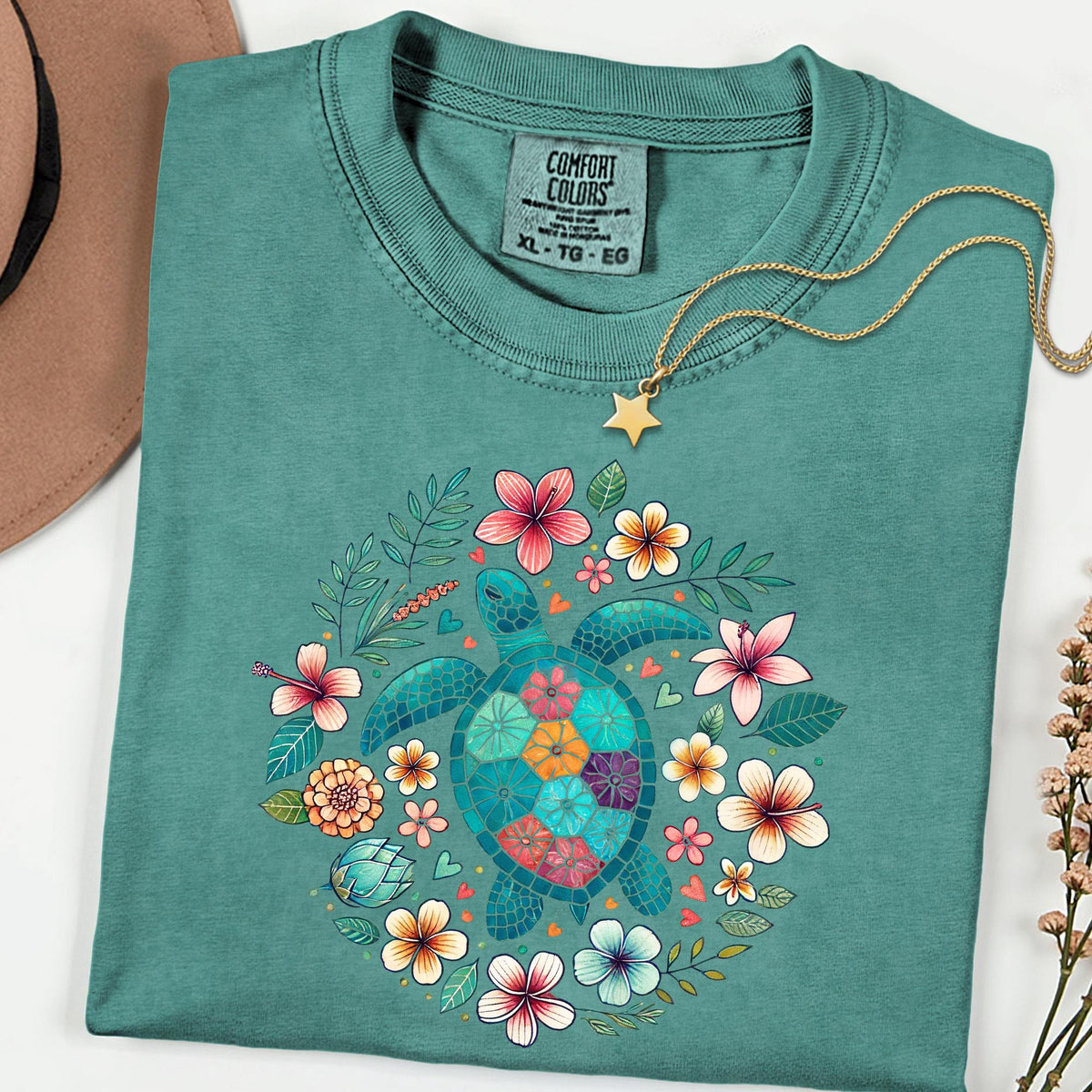Comfort Colors® Turtle Shirt, Floral Sea Turtle Tee, Boho Nature T Shirt, Garment Dyed Tee, Ocean Lover Gift